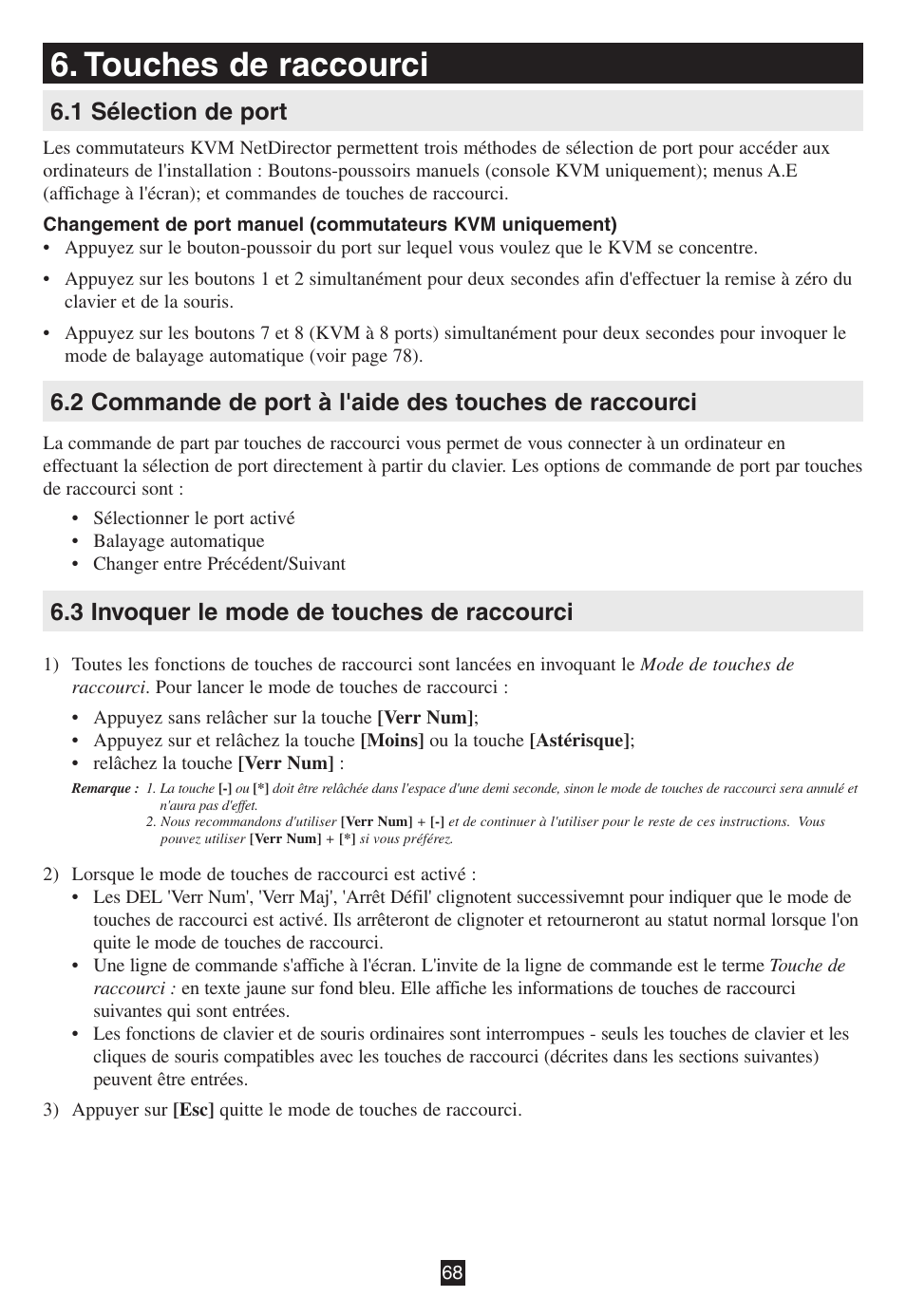 Touches de raccourci, 1 sélection de port, 3 invoquer le mode de touches de raccourci | Tripp Lite B020-016-17 User Manual | Page 68 / 112
