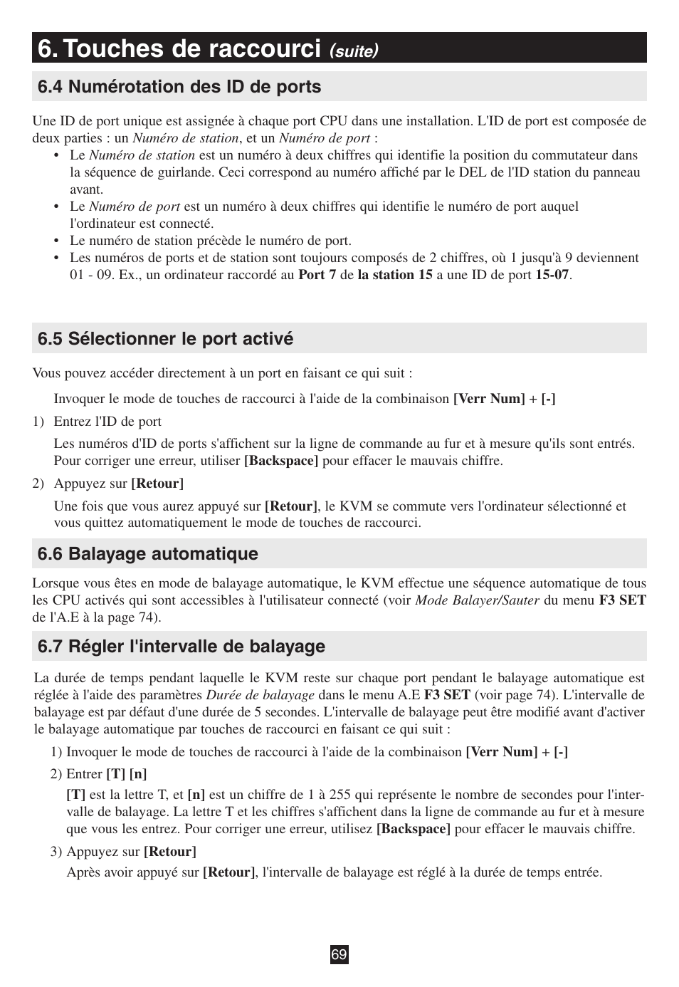 4 numérotation des id de ports, 5 sélectionner le port activé, 6 balayage automatique | 7 régler l'intervalle de balayage, Touches de raccourci | Tripp Lite B020-016-17 User Manual | Page 69 / 112