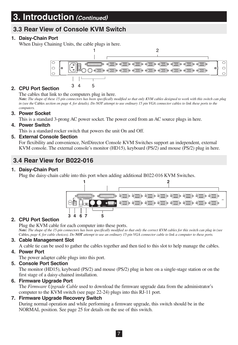 3 rear view of console kvm switch, 4 rear view for b022-016, Introduction | Tripp Lite B020-016-17 User Manual | Page 7 / 112