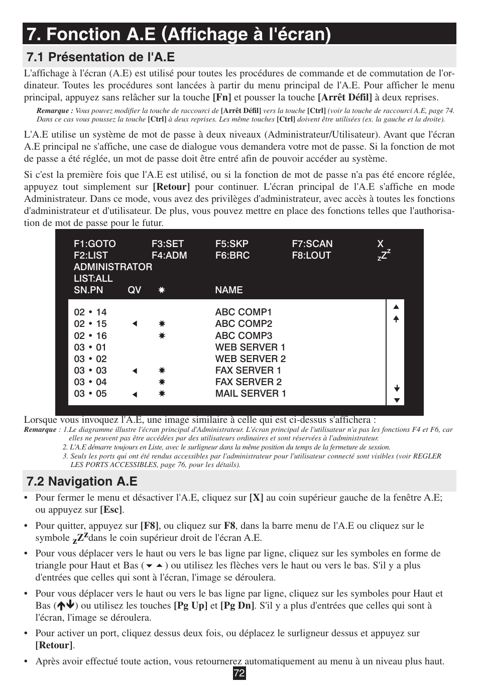 Fonction a.e (affichage à l'écran), 1 présentation de l'a.e, 2 navigation a.e | 1 présentation de l'a.e 7.2 navigation a.e | Tripp Lite B020-016-17 User Manual | Page 72 / 112