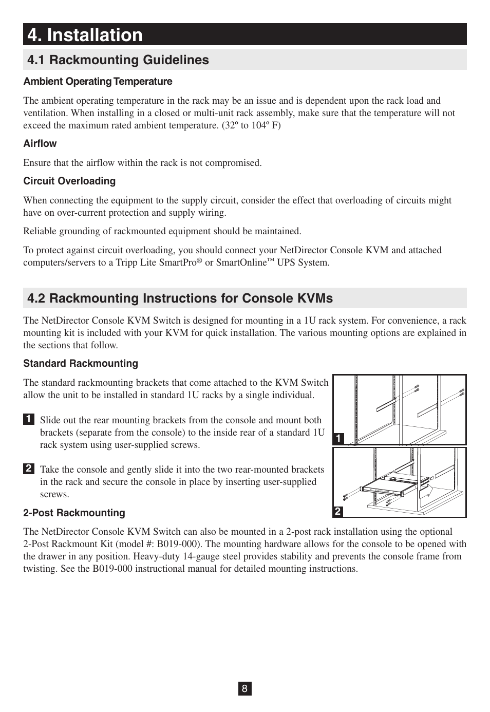 Installation, 1 rackmounting guidelines, 2 rackmounting instructions for console kvms | Tripp Lite B020-016-17 User Manual | Page 8 / 112
