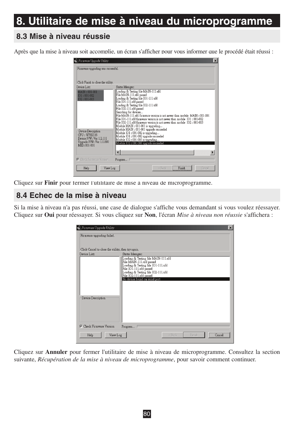 3 mise à niveau réussie, 4 echec de la mise à niveau, Utilitaire de mise à niveau du microprogramme | Tripp Lite B020-016-17 User Manual | Page 80 / 112