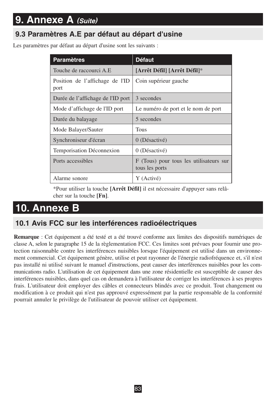 3 paramètres a.e par défaut au départ d'usine, Annexe b, 1 avis fcc sur les interférences radioélectriques | Annexe a | Tripp Lite B020-016-17 User Manual | Page 83 / 112
