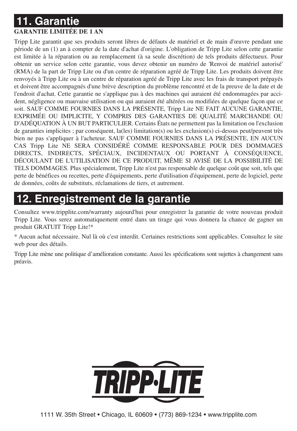Garantie, Enregistrement de la garantie, Garantie 12. enregistrement de la garantie | Tripp Lite B020-016-17 User Manual | Page 84 / 112