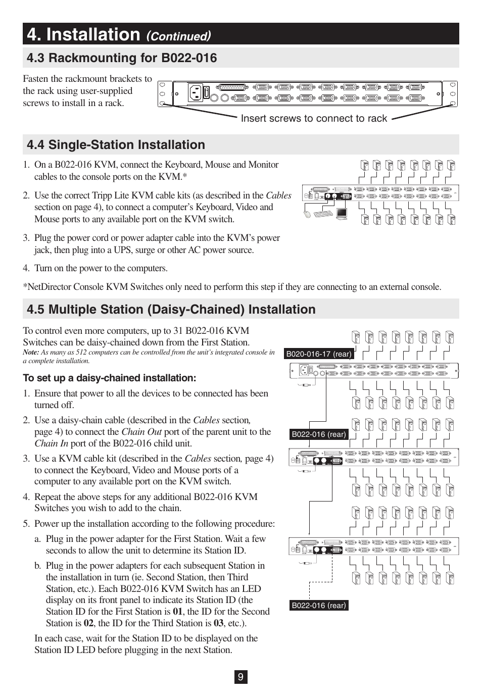 3 rackmounting for b022-016, 4 single-station installation, 5 multiple station (daisy-chained) installation | Installation | Tripp Lite B020-016-17 User Manual | Page 9 / 112