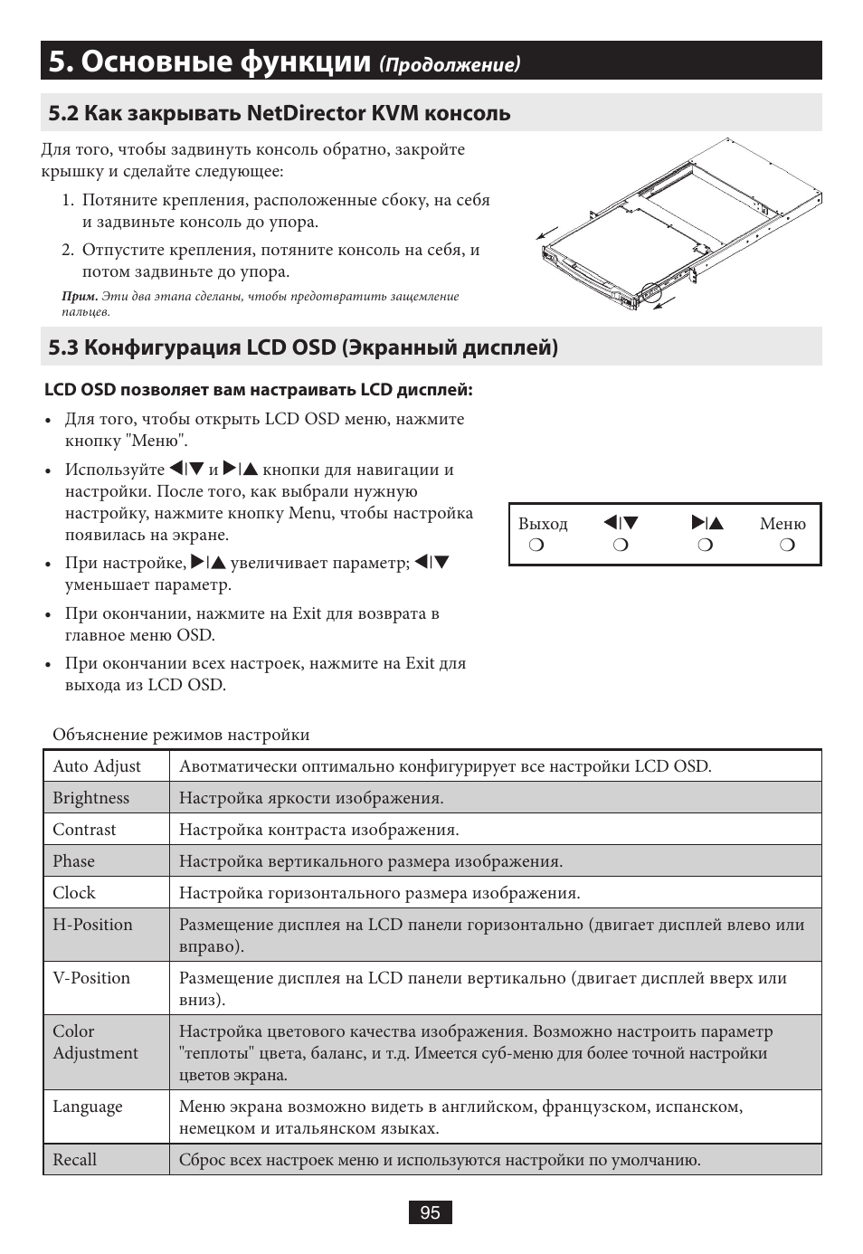2 как закрывать netdirector kvm консоль, 3 конфигурация lcd osd (экранный дисплей), Основные функции | Tripp Lite B020-016-17 User Manual | Page 95 / 112