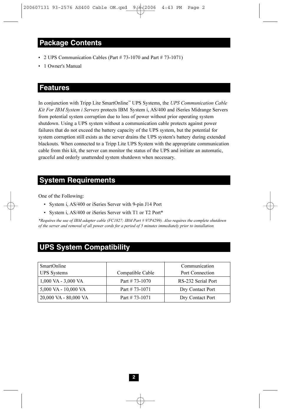 Package contents, Features, System requirements | Ups system compatibility | Tripp Lite UPS Communication Cable Kit User Manual | Page 2 / 4