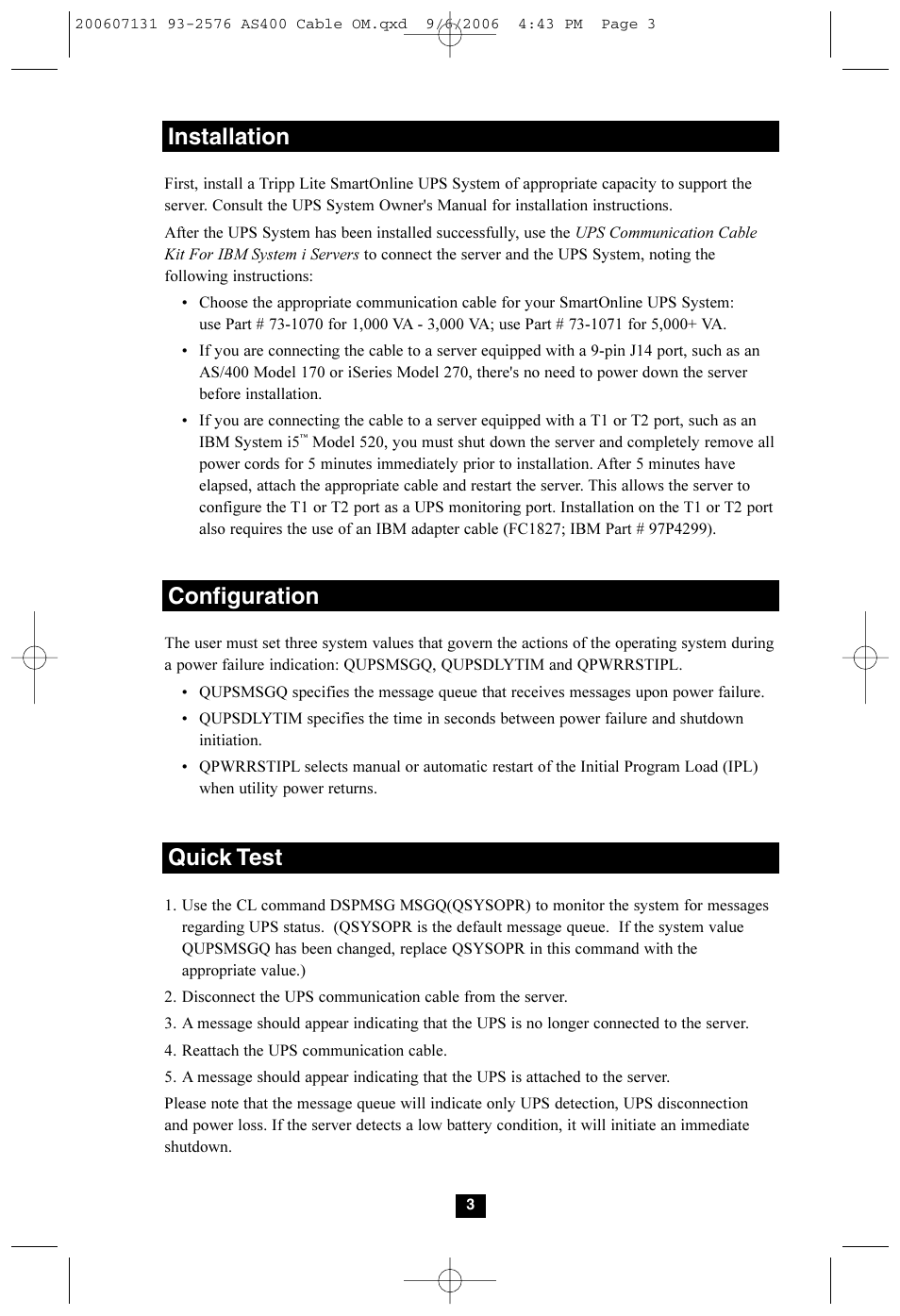 Installation, Configuration, Quick test | Tripp Lite UPS Communication Cable Kit User Manual | Page 3 / 4