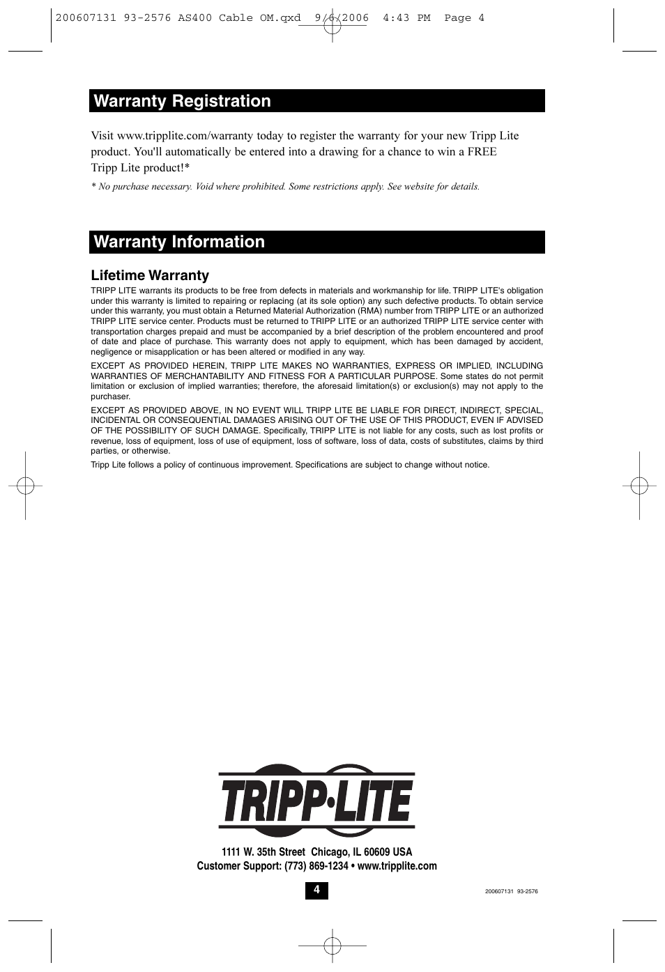 Warranty registration, Warranty information, Lifetime warranty | Tripp Lite UPS Communication Cable Kit User Manual | Page 4 / 4
