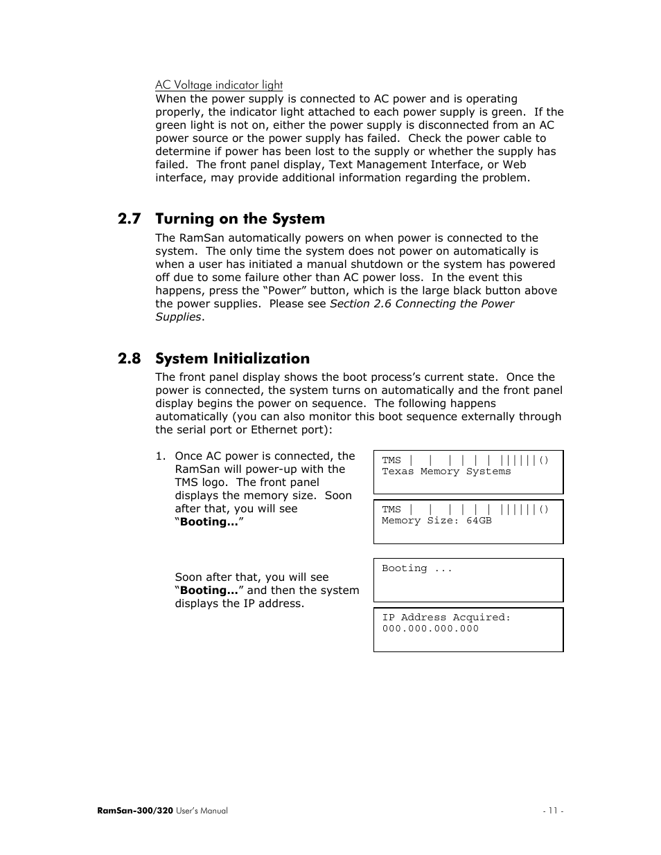 Turning on the system, System initialization, 7 turning | The system, 8 system, Initialization, 7 turning on the system, 8 system initialization | Texas Memory Systems RamSan-300/320 User Manual | Page 15 / 90