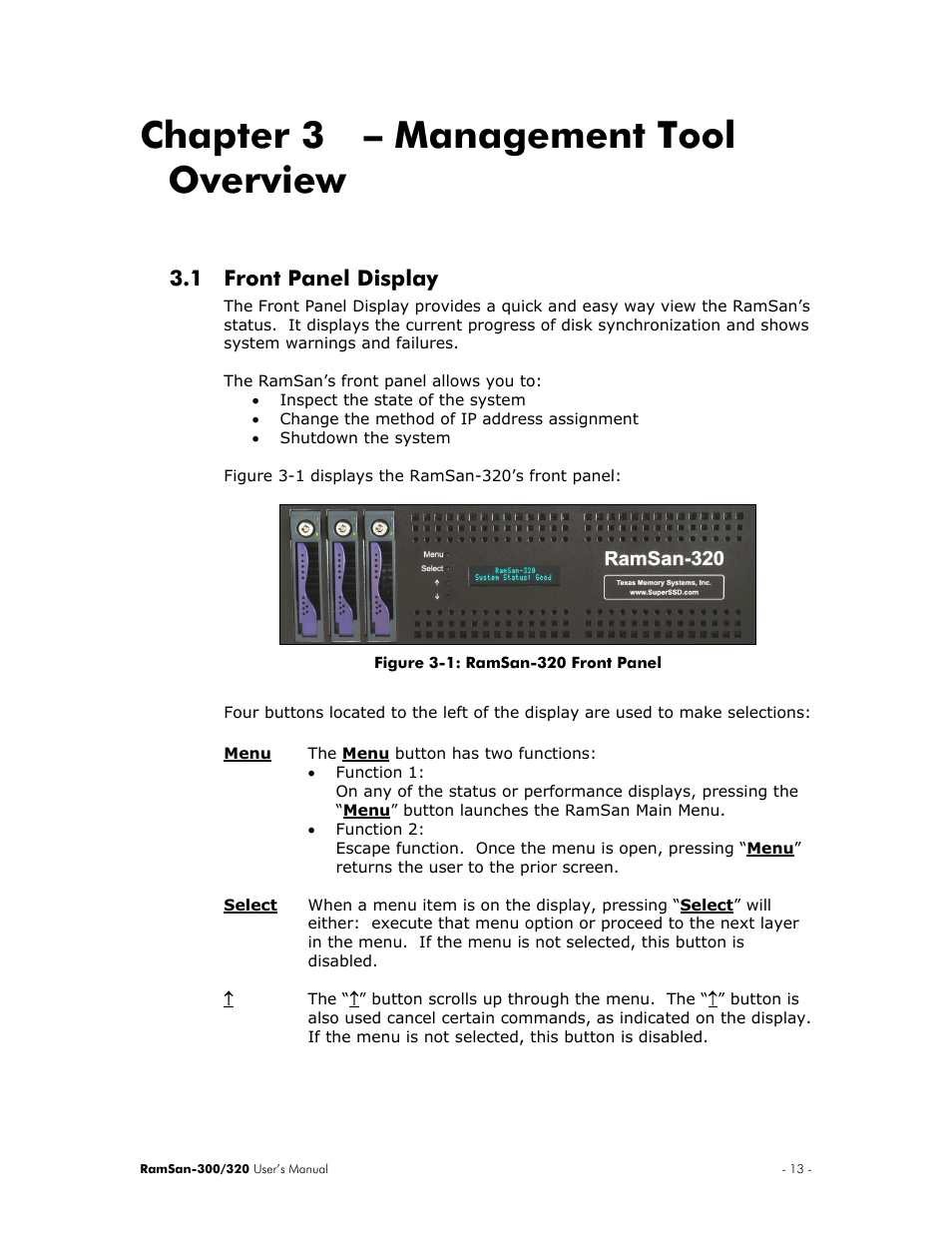 Management tool overview, Front panel display, Chapter 3 – management tool overview | 1 front, Panel display, 1 front panel display | Texas Memory Systems RamSan-300/320 User Manual | Page 17 / 90