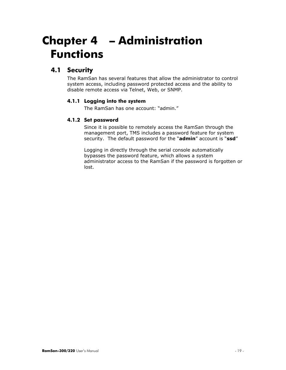 Administration functions, Security, Logging into the system | Set password, Chapter 4 – administration functions, 1 security | Texas Memory Systems RamSan-300/320 User Manual | Page 23 / 90