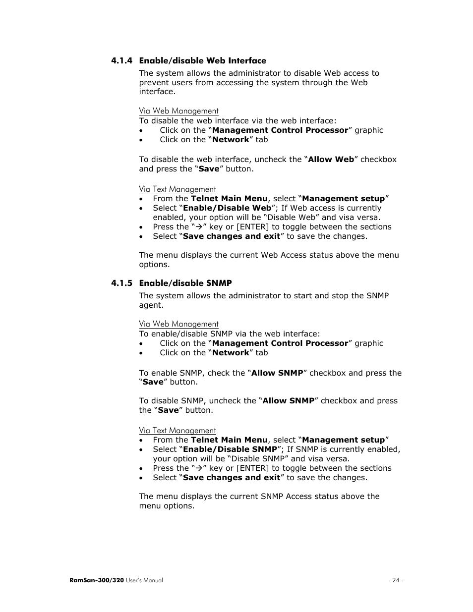 Enable/disable web interface, Via web management, Via text management | Enable/disable snmp | Texas Memory Systems RamSan-300/320 User Manual | Page 28 / 90