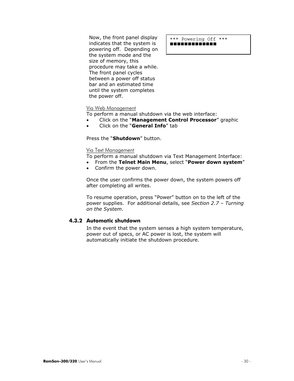 Via web management, Via text management, Automatic shutdown | Texas Memory Systems RamSan-300/320 User Manual | Page 34 / 90