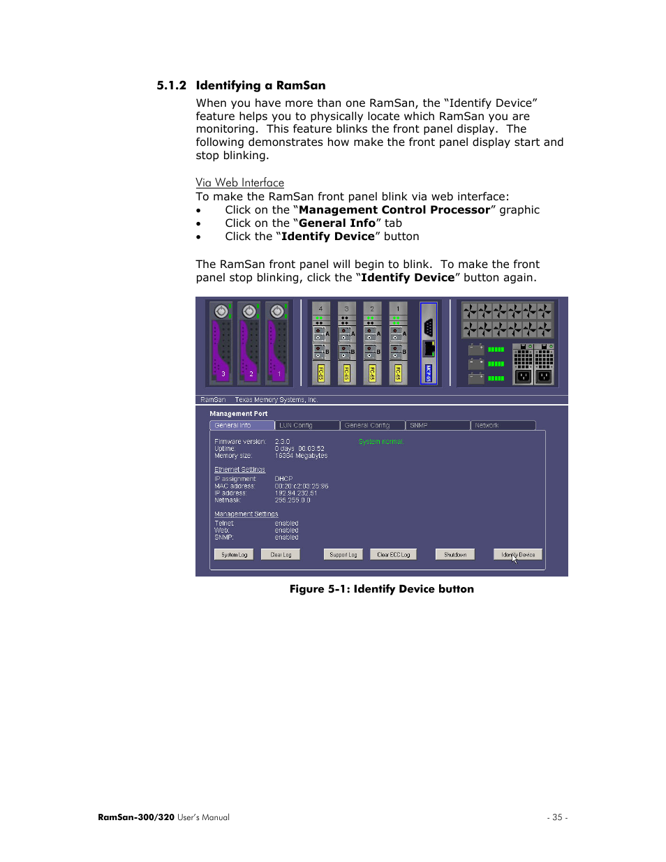 Identifying a ramsan, Via web interface | Texas Memory Systems RamSan-300/320 User Manual | Page 39 / 90