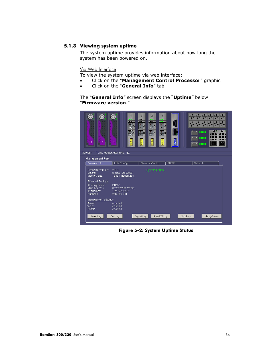 Viewing system uptime, Via web interface | Texas Memory Systems RamSan-300/320 User Manual | Page 40 / 90