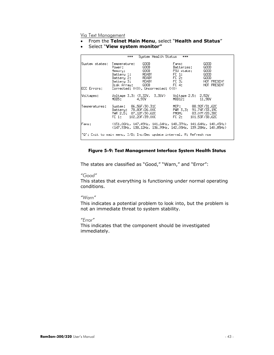 Via text management, Good, Warn | Error | Texas Memory Systems RamSan-300/320 User Manual | Page 47 / 90