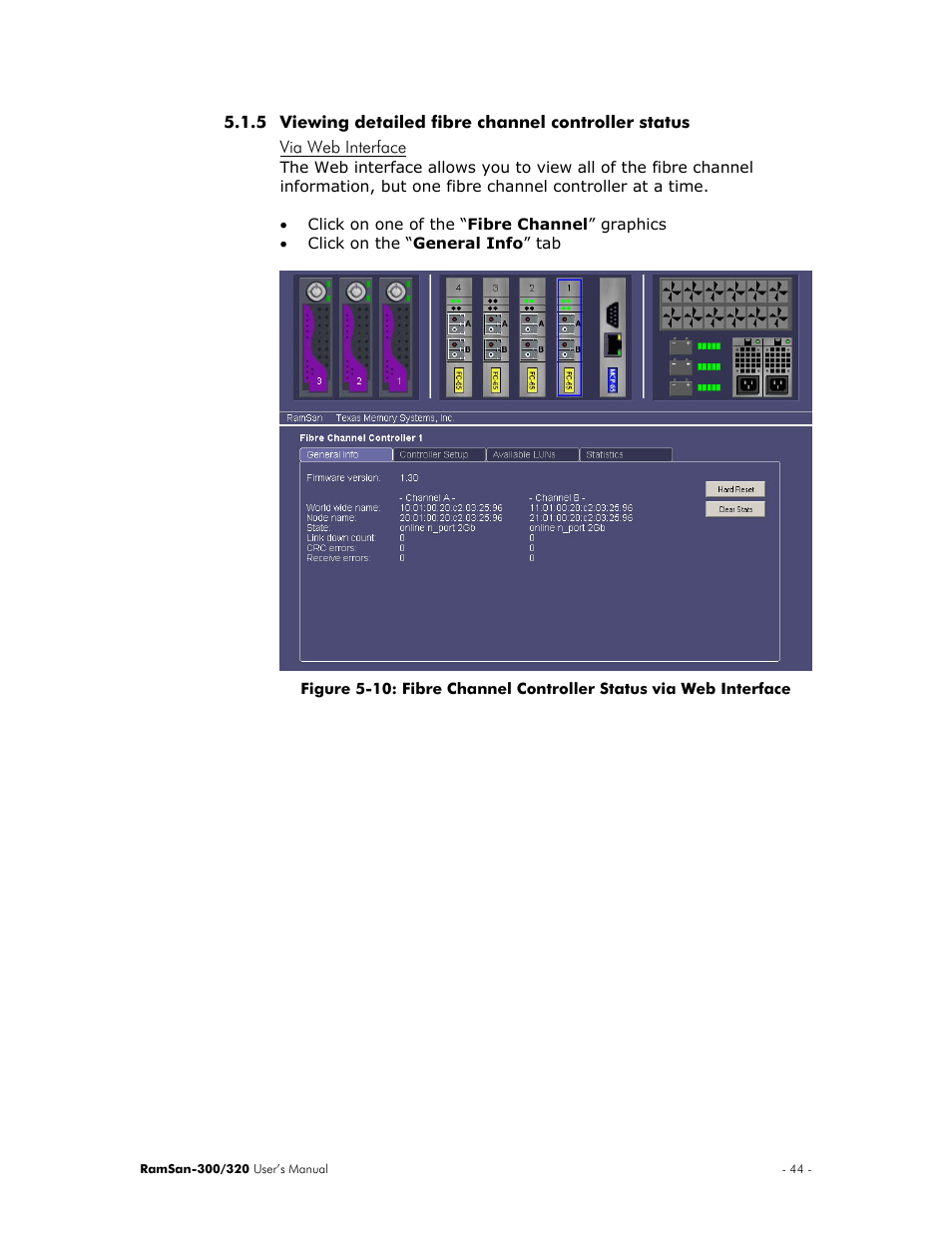 Viewing detailed fibre channel controller status, Via web interface | Texas Memory Systems RamSan-300/320 User Manual | Page 48 / 90