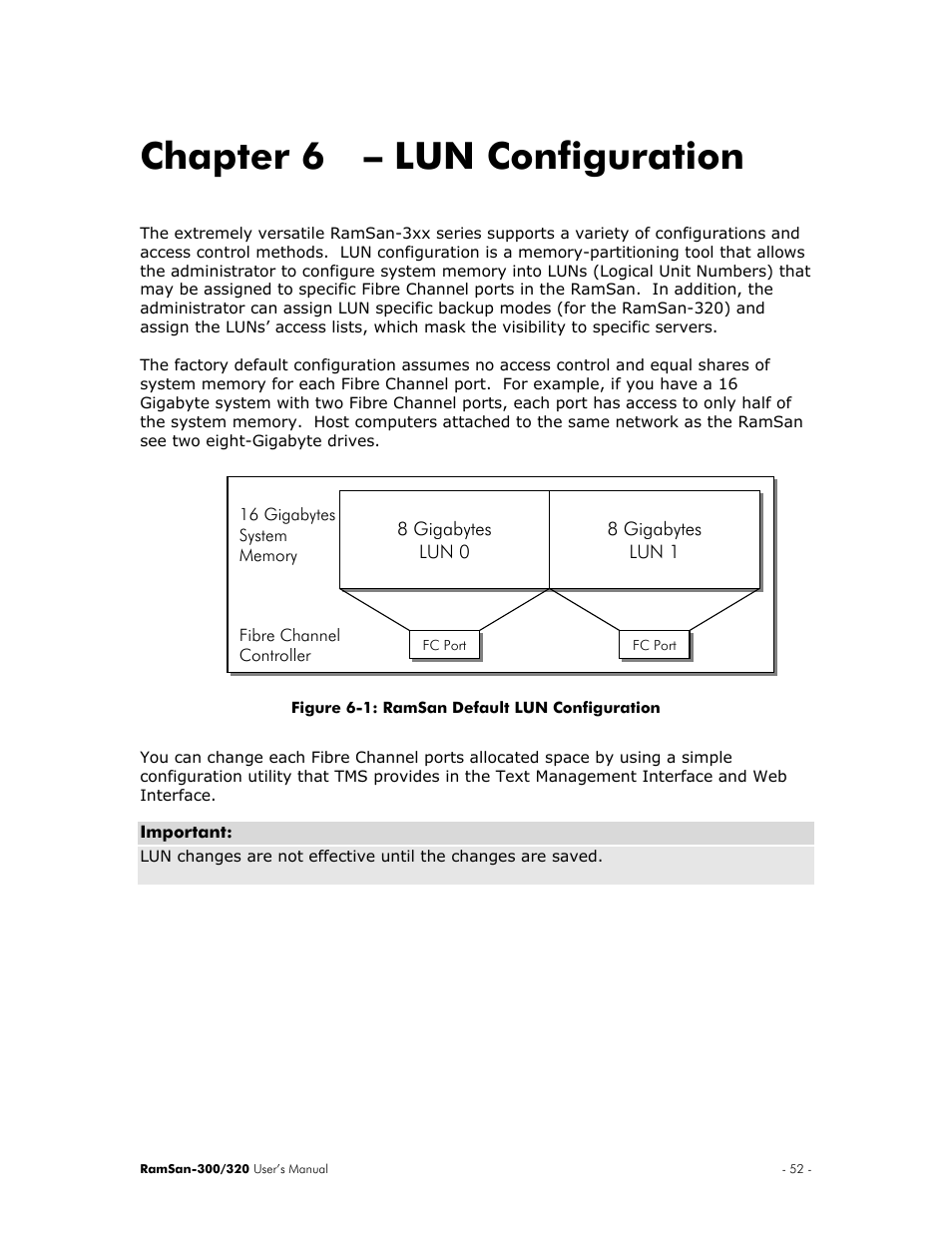 Lun configuration, Chapter 6 – lun configuration | Texas Memory Systems RamSan-300/320 User Manual | Page 56 / 90