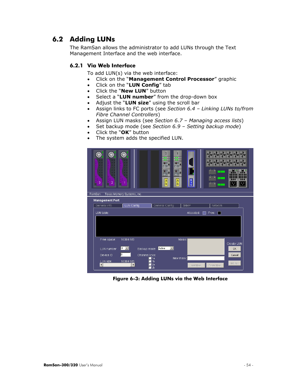 Adding luns, Via web interface, 2 adding luns | Section 6.2 ) | Texas Memory Systems RamSan-300/320 User Manual | Page 58 / 90