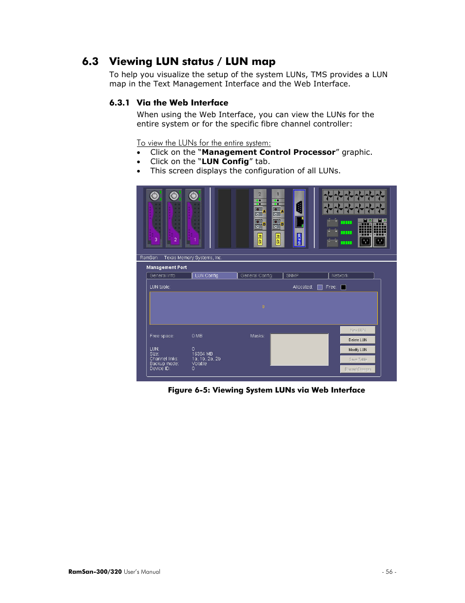 Viewing lun status / lun map, Via the web interface, To view the luns for the entire system | 3 viewing lun status / lun map | Texas Memory Systems RamSan-300/320 User Manual | Page 60 / 90