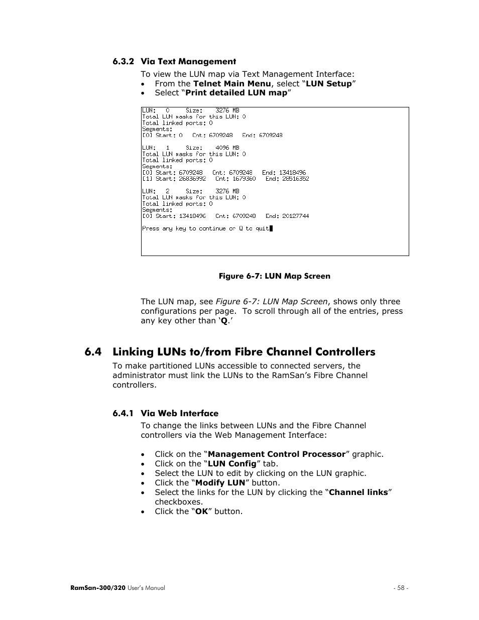 Via text management, Linking luns to/from fibre channel controllers, Via web interface | Section 6.4 ), Section 6.4 – linking luns to/from, Fibre channel controllers ), 4 linking luns to/from fibre channel controllers | Texas Memory Systems RamSan-300/320 User Manual | Page 62 / 90