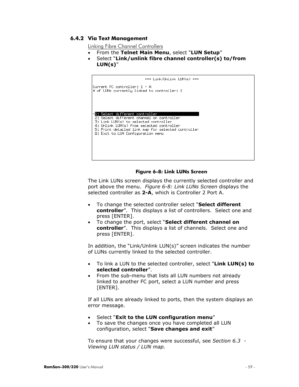 Via text management, Linking fibre channel controllers | Texas Memory Systems RamSan-300/320 User Manual | Page 63 / 90