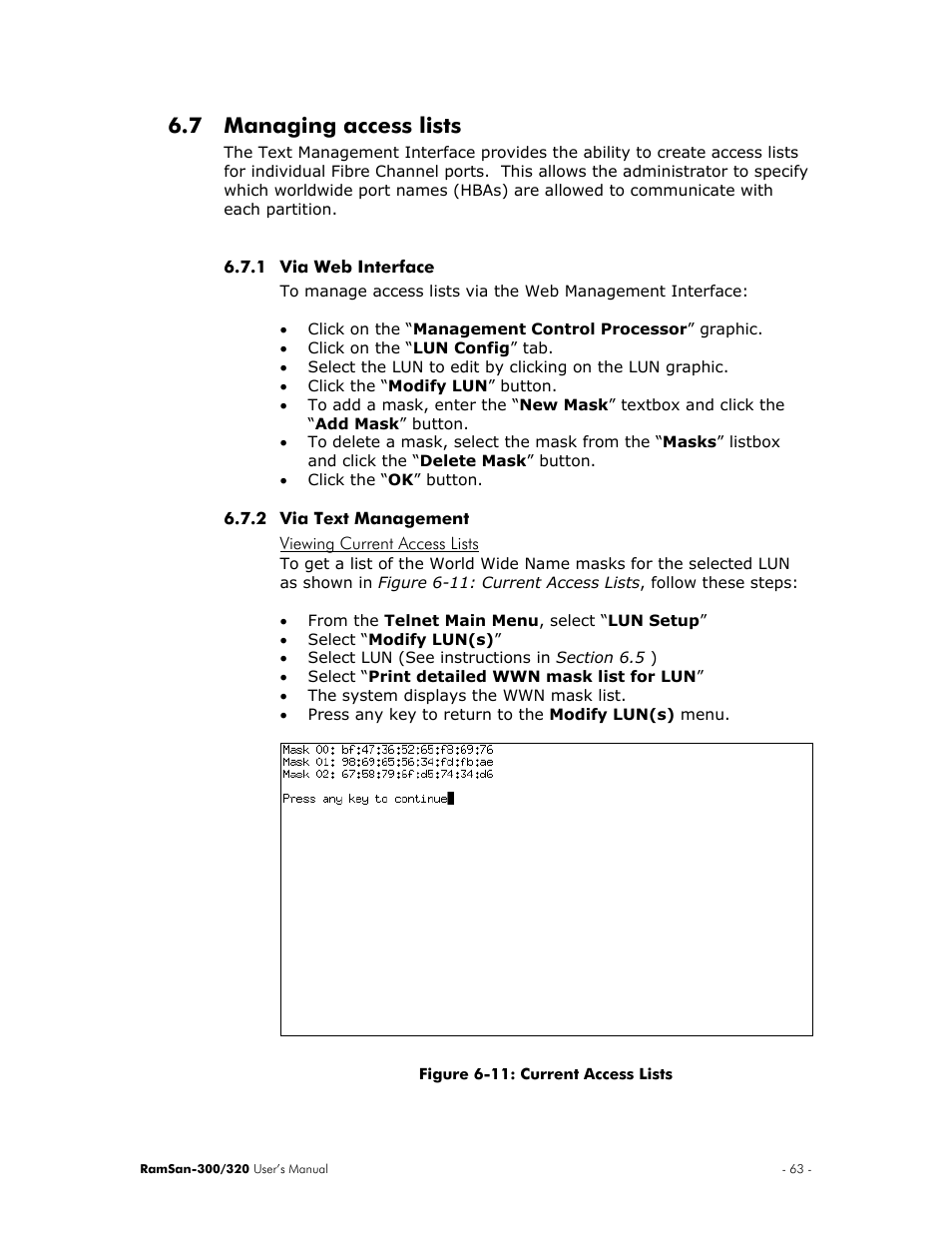 Managing access lists, Via web interface, Via text management | Viewing current access lists, 7 managing, Access lists, Section 6.7 ), Section 6.7 – managing access lists ), 7 managing access lists | Texas Memory Systems RamSan-300/320 User Manual | Page 67 / 90