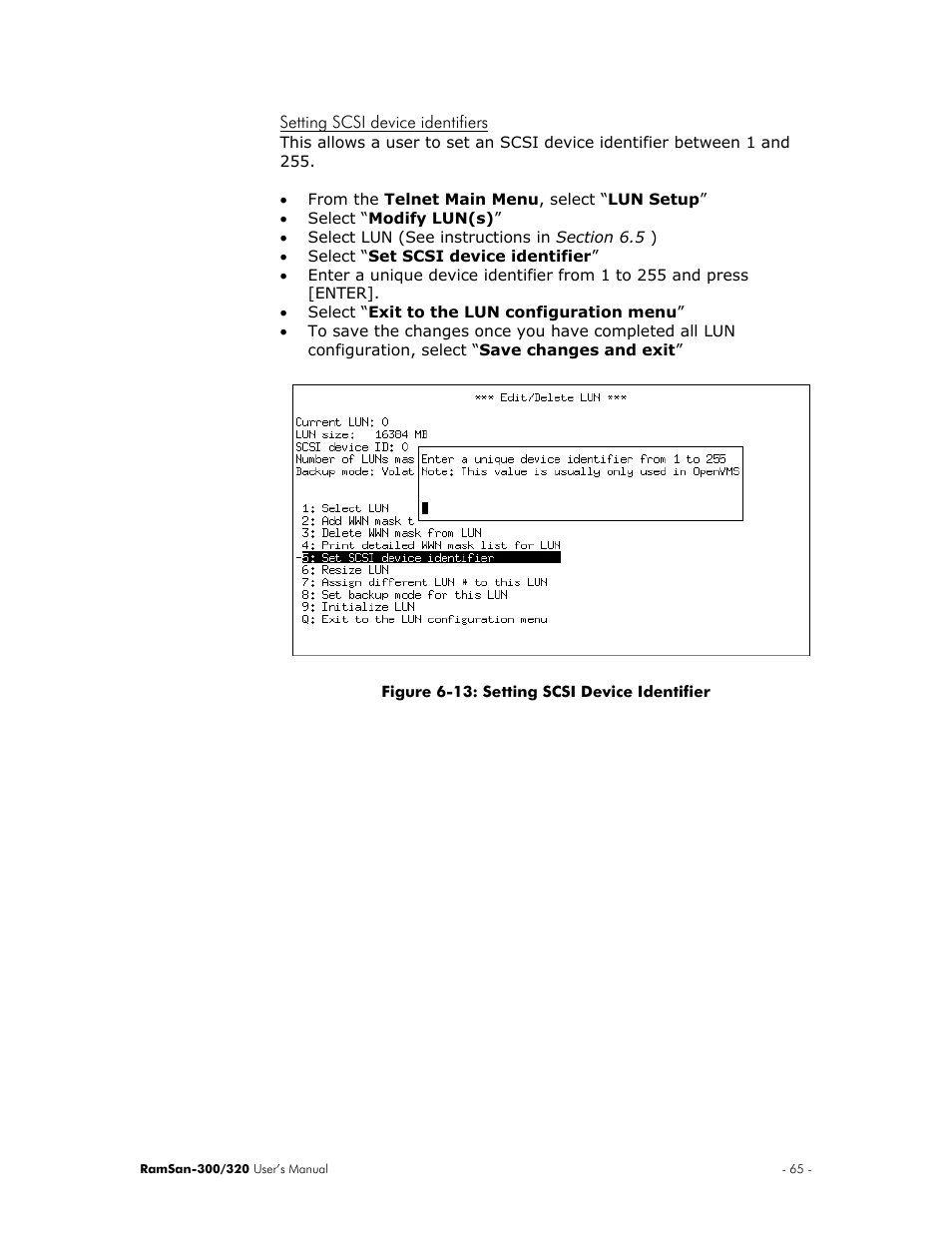 Setting scsi device identifiers | Texas Memory Systems RamSan-300/320 User Manual | Page 69 / 90