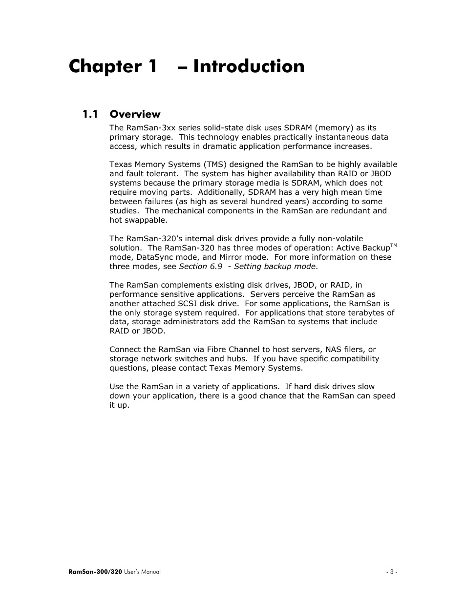 Introduction, Overview, Chapter 1 – introduction | 1 overview | Texas Memory Systems RamSan-300/320 User Manual | Page 7 / 90