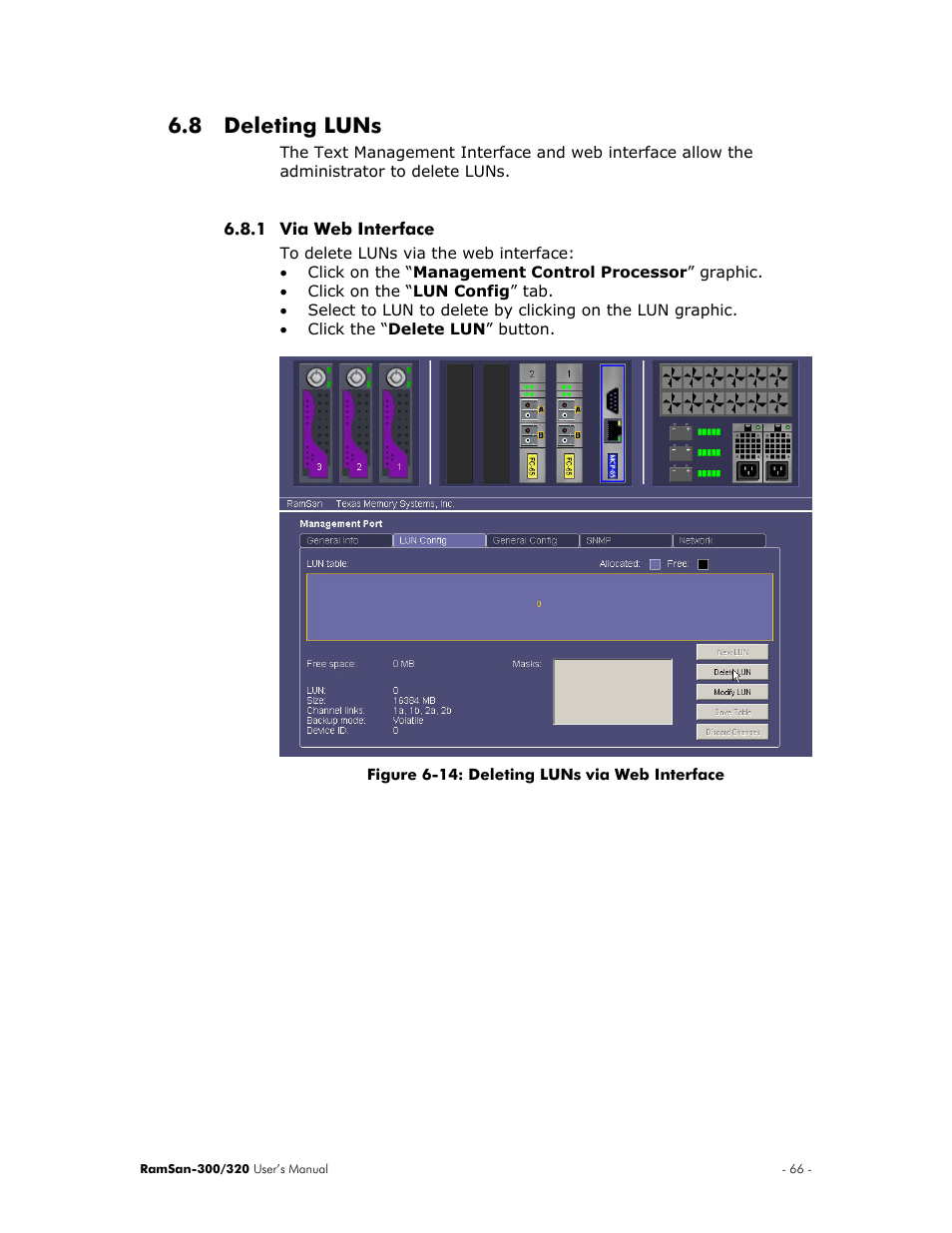 Deleting luns, Via web interface, 8 deleting luns | Section 6.8 ) | Texas Memory Systems RamSan-300/320 User Manual | Page 70 / 90