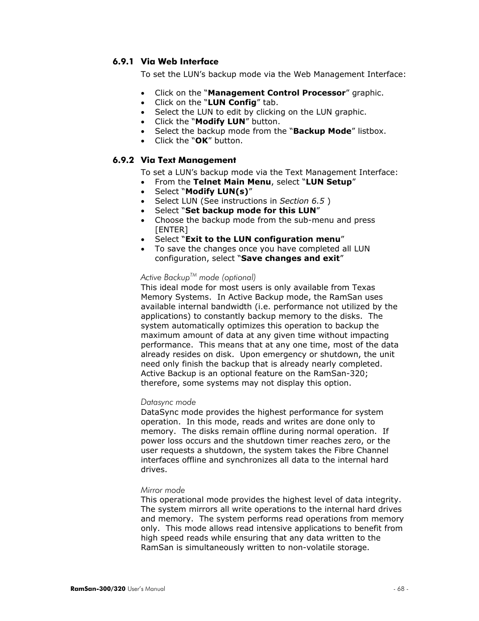 Via web interface, Via text management, Active backuptm mode (optional) | Datasync mode, Mirror mode | Texas Memory Systems RamSan-300/320 User Manual | Page 72 / 90