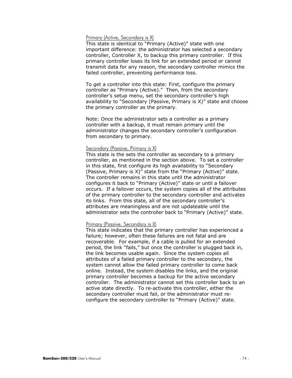 Primary (active, secondary is x), Secondary (passive, primary is x), Primary (passive, secondary is x) | Texas Memory Systems RamSan-300/320 User Manual | Page 78 / 90