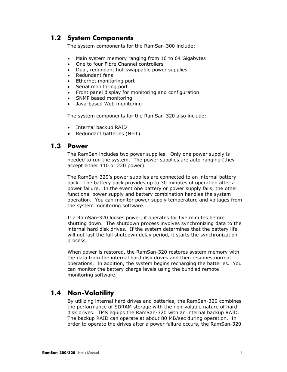 System components, Power, Non-volatility | 2 system, Components, 3 power 1.4 non-volatility, 2 system components, 3 power, 4 non-volatility | Texas Memory Systems RamSan-300/320 User Manual | Page 8 / 90