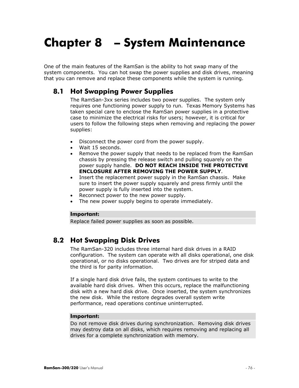 System maintenance, Hot swapping power supplies, Hot swapping disk drives | Chapter 8 – system maintenance, 1 hot, Swapping, Power supplies, 2 hot, Disk drives, 1 hot swapping power supplies | Texas Memory Systems RamSan-300/320 User Manual | Page 80 / 90