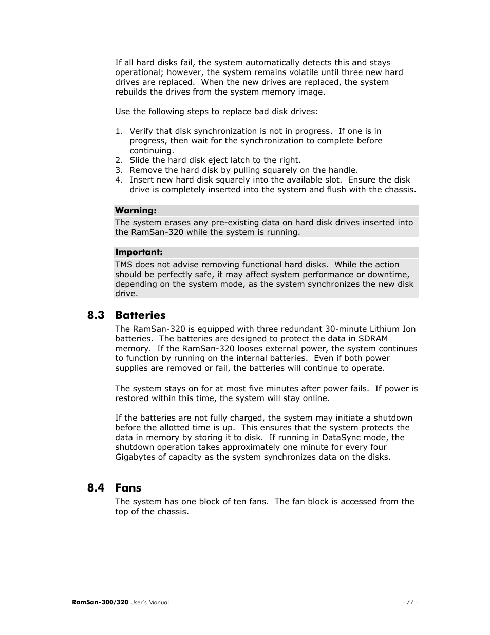 Batteries, Fans, 3 batteries 8.4 fans | 3 batteries, 4 fans | Texas Memory Systems RamSan-300/320 User Manual | Page 81 / 90
