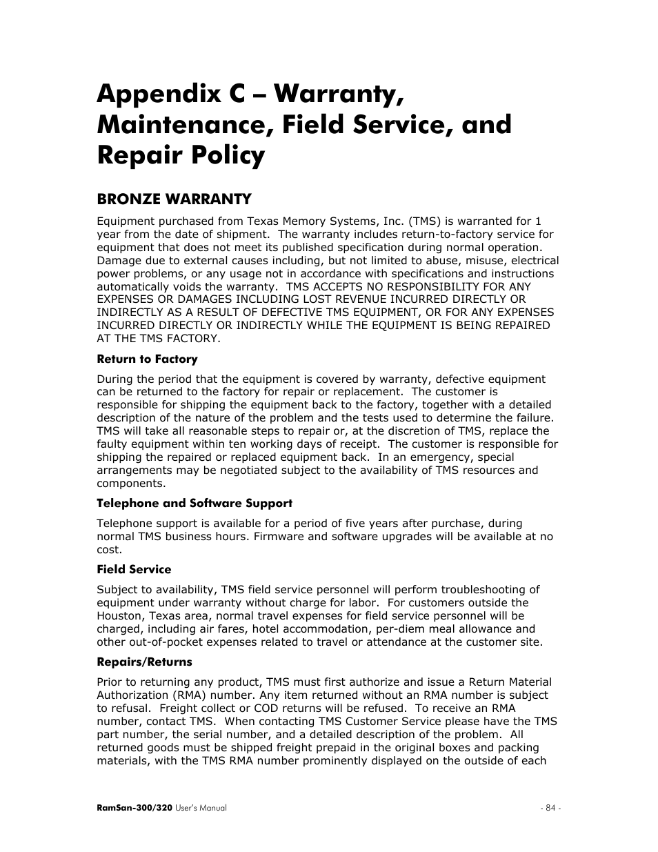 Appendix c – warranty, maintenance, field service, Bronze warranty | Texas Memory Systems RamSan-300/320 User Manual | Page 88 / 90