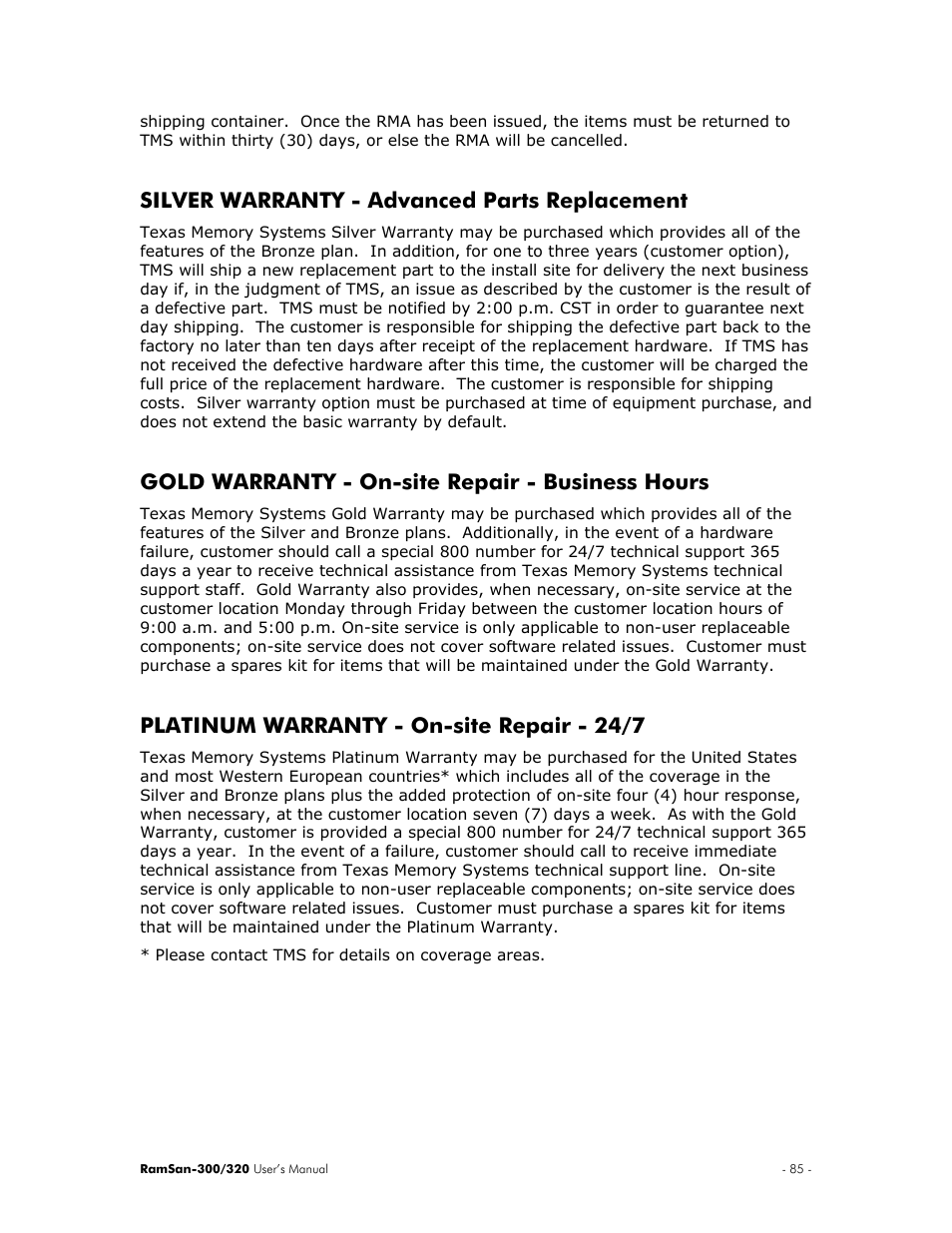 Silver warranty - advanced parts replacement, Gold warranty - on-site repair - business hours, Platinum warranty - on-site repair - 24/7 | Texas Memory Systems RamSan-300/320 User Manual | Page 89 / 90