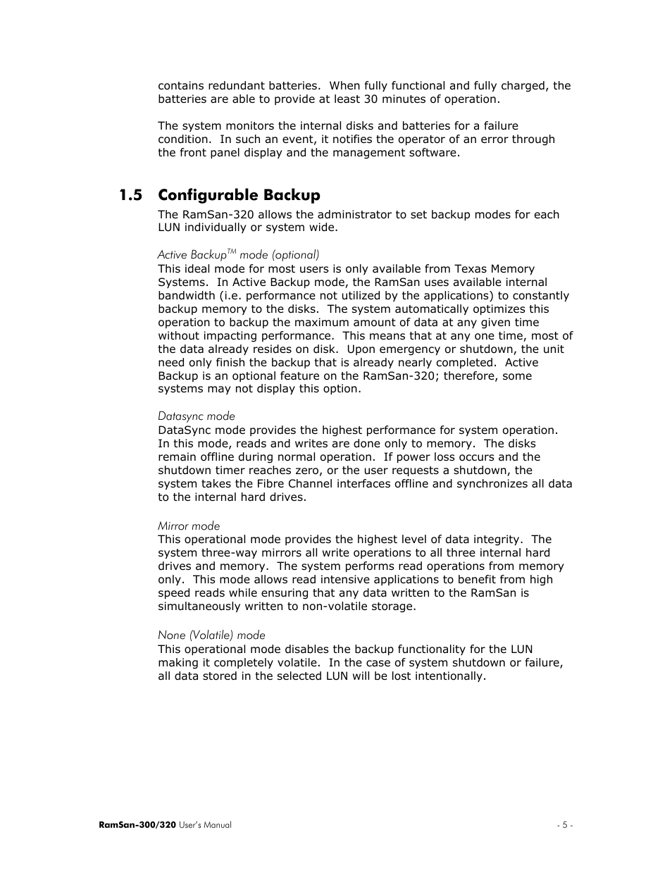 Configurable backup, Active backuptm mode (optional), Datasync mode | Mirror mode, None (volatile) mode, 5 configurable backup | Texas Memory Systems RamSan-300/320 User Manual | Page 9 / 90