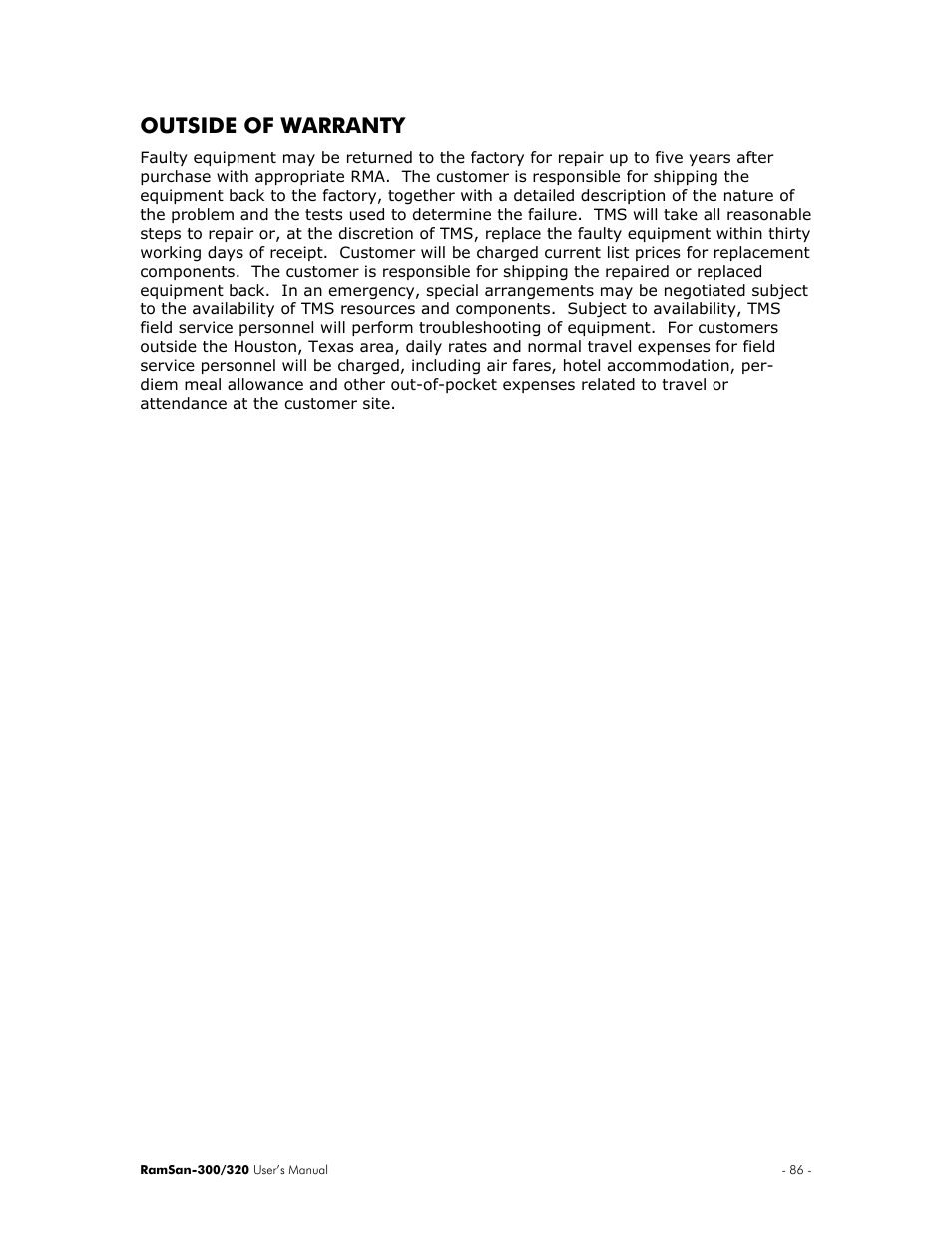 Outside of warranty | Texas Memory Systems RamSan-300/320 User Manual | Page 90 / 90