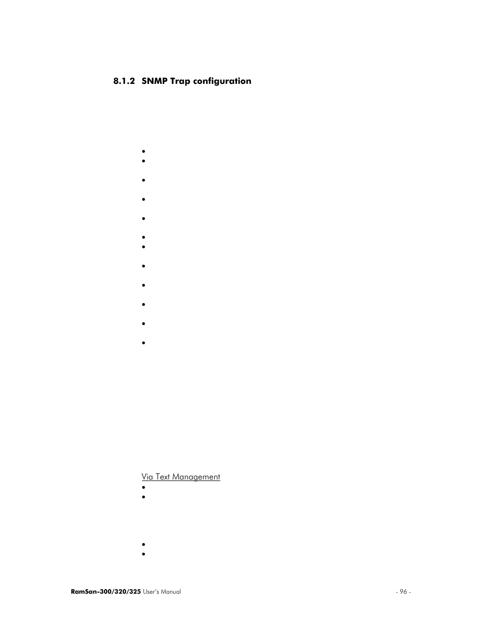 Snmp trap configuration, Via text management | Texas Memory Systems 325 User Manual | Page 100 / 122