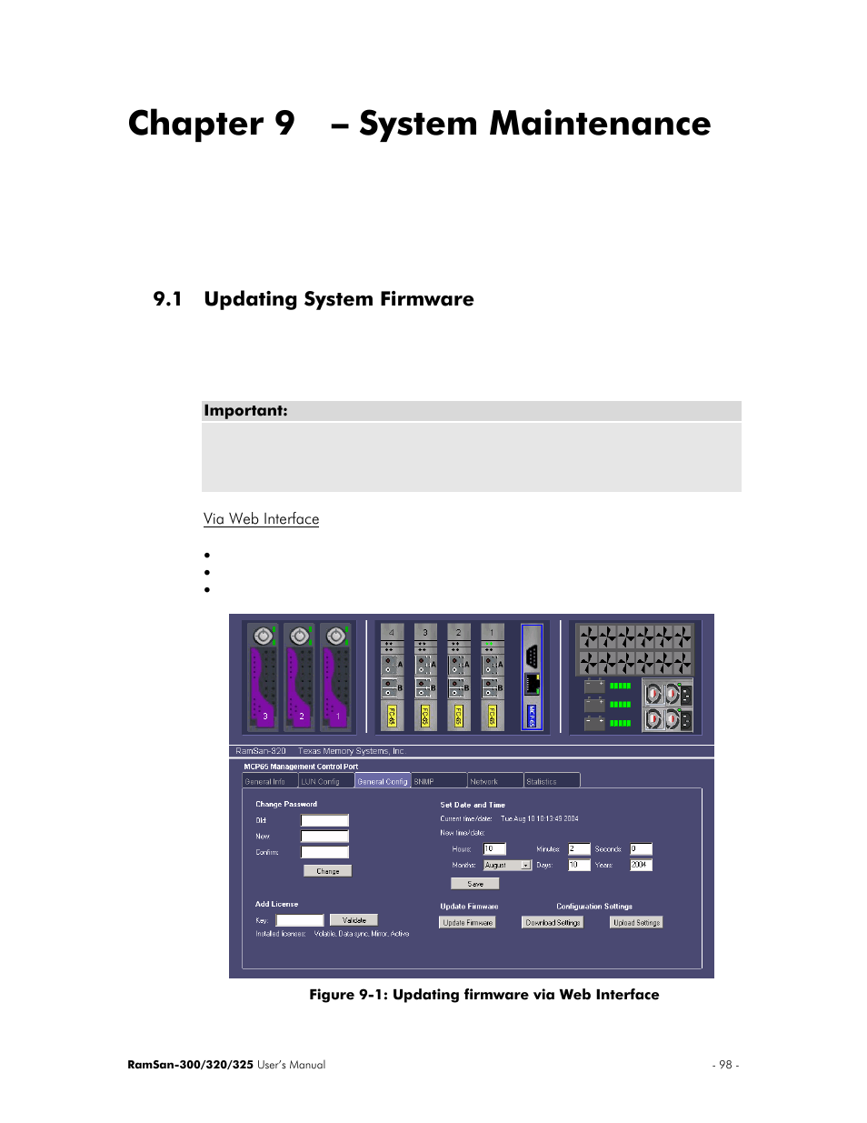 System maintenance, Updating system firmware, Via web interface | Chapter 9 – system maintenance, 1 updating system firmware | Texas Memory Systems 325 User Manual | Page 102 / 122