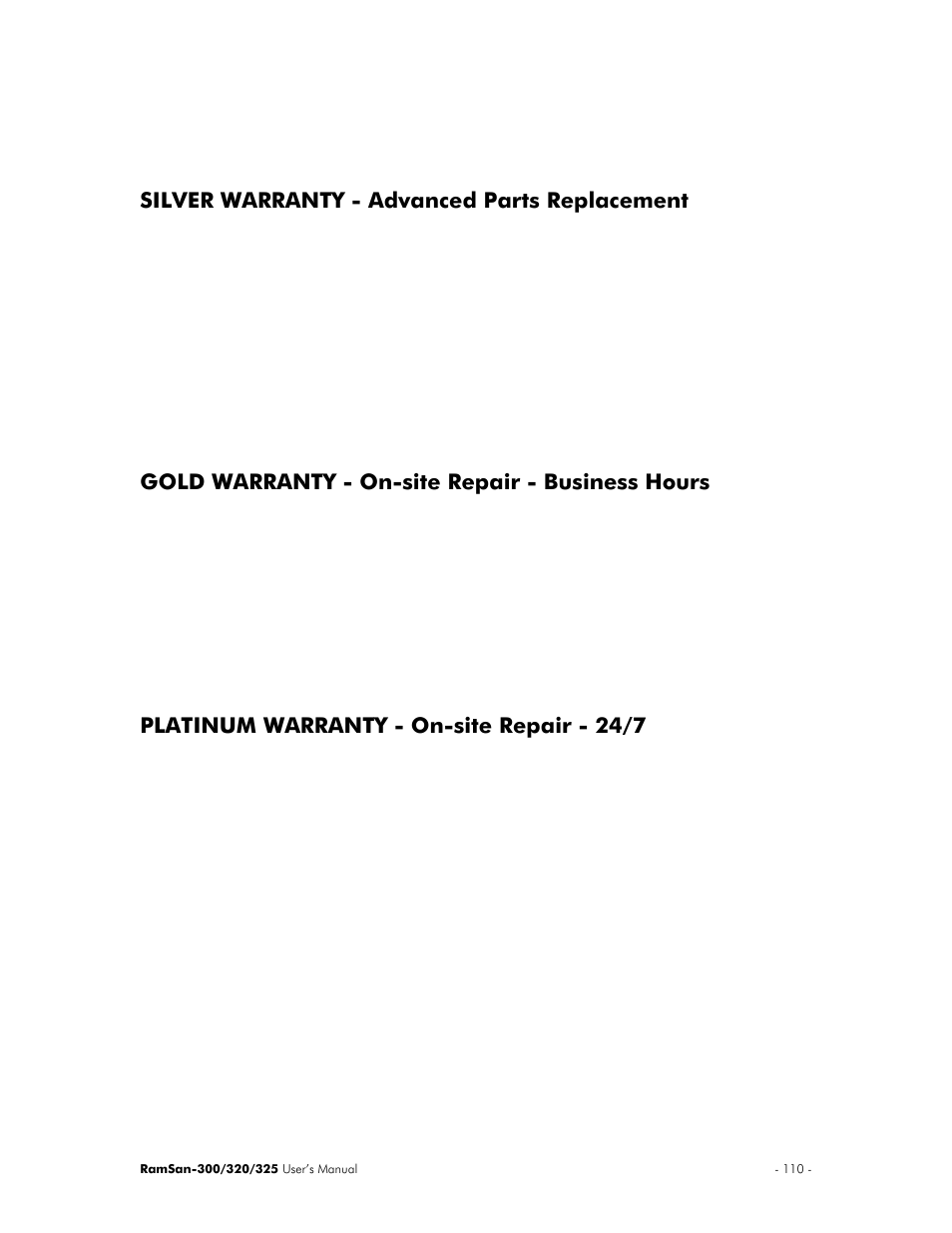 Silver warranty - advanced parts replacement, Gold warranty - on-site repair - business hours, Platinum warranty - on-site repair - 24/7 | Texas Memory Systems 325 User Manual | Page 114 / 122