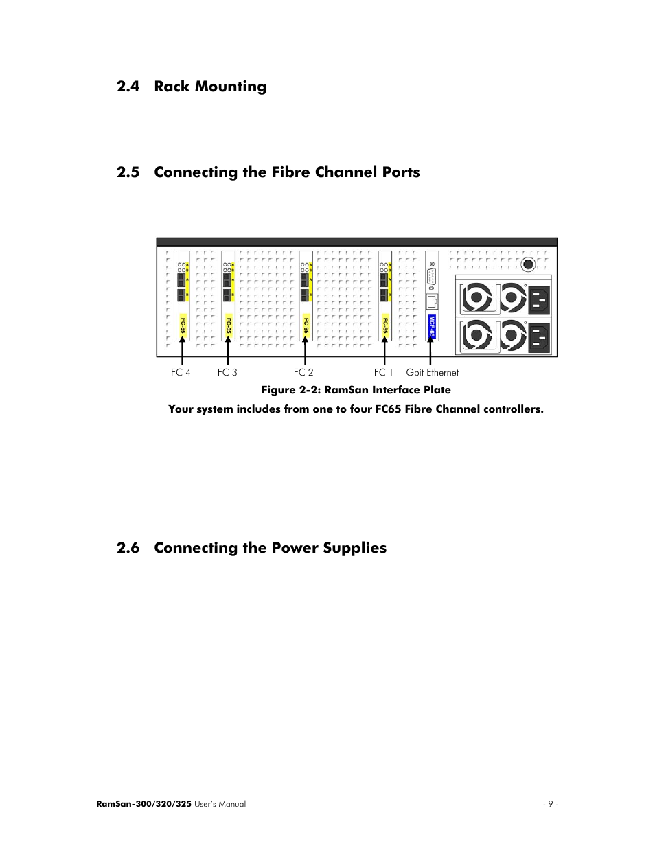 Rack mounting, Connecting the fibre channel ports, Connecting the power supplies | 4 rack mounting, 5 connecting the fibre channel ports, 6 connecting the power supplies | Texas Memory Systems 325 User Manual | Page 13 / 122