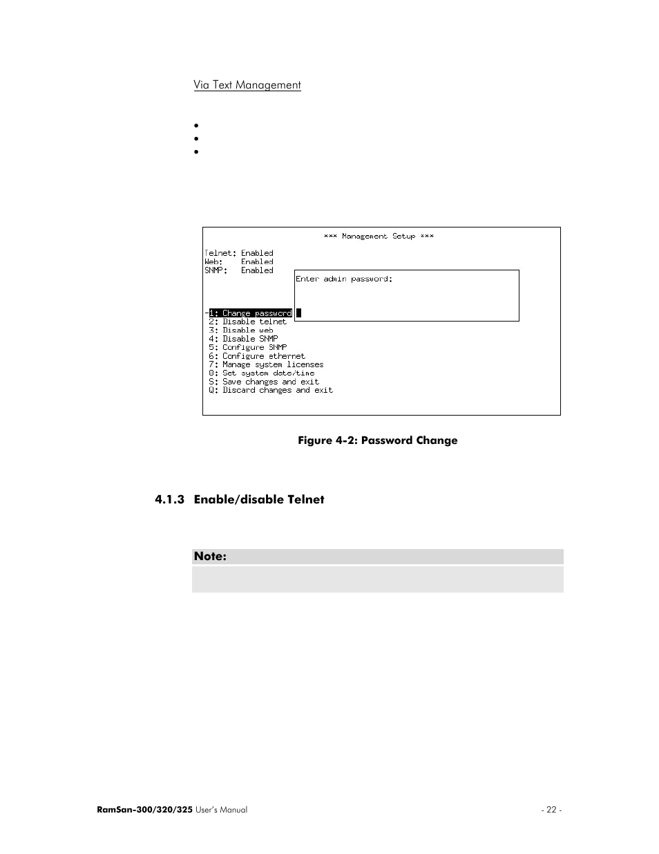 Via text management, Enable/disable telnet | Texas Memory Systems 325 User Manual | Page 26 / 122