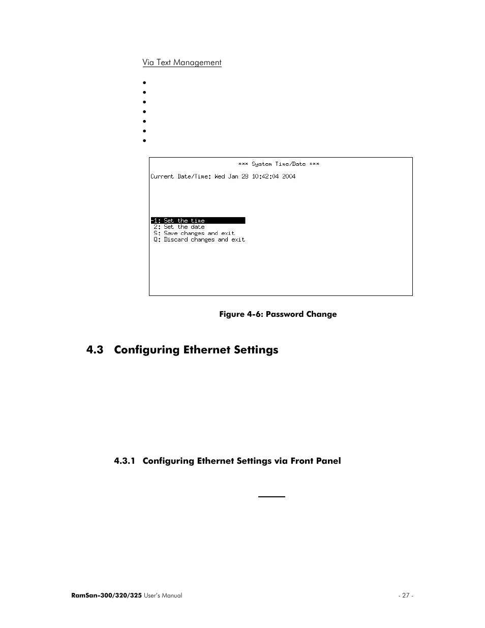 Via text management, Configuring ethernet settings, Configuring ethernet settings via front panel | 3 configuring ethernet settings | Texas Memory Systems 325 User Manual | Page 31 / 122