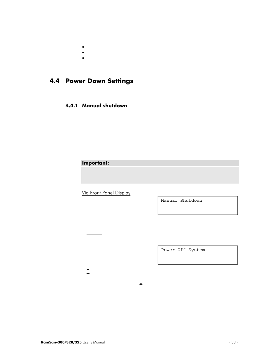 Power down settings, Manual shutdown, Via front panel display | 4 power down settings | Texas Memory Systems 325 User Manual | Page 37 / 122