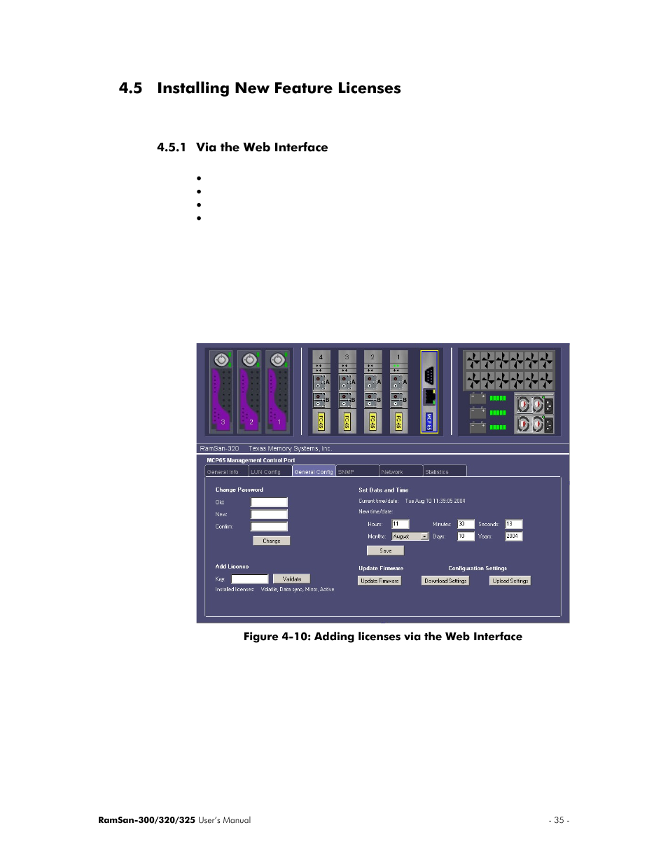 Installing new feature licenses, Via the web interface, 5 installing new feature licenses | Texas Memory Systems 325 User Manual | Page 39 / 122