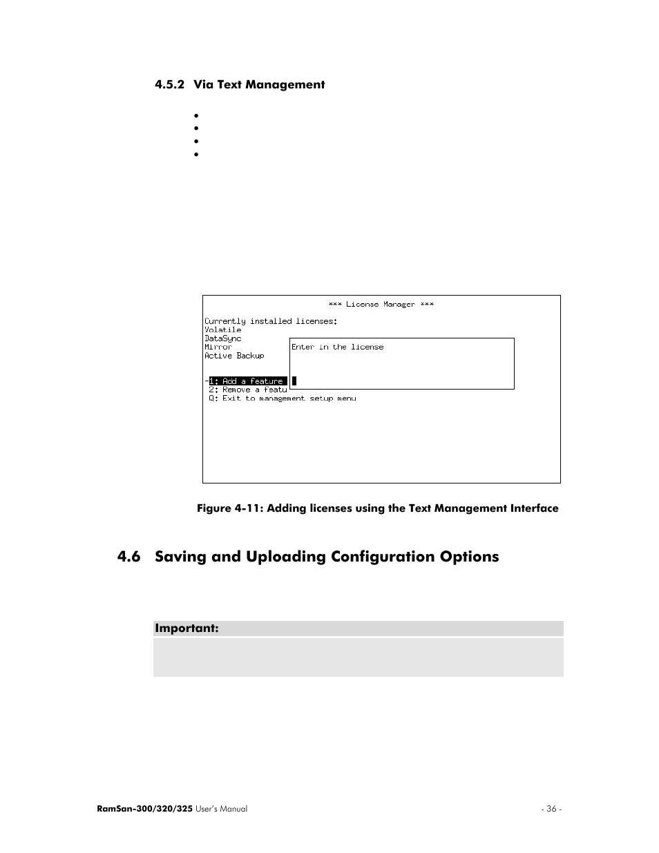 Via text management, Saving and uploading configuration options, 6 saving and uploading configuration options | Texas Memory Systems 325 User Manual | Page 40 / 122