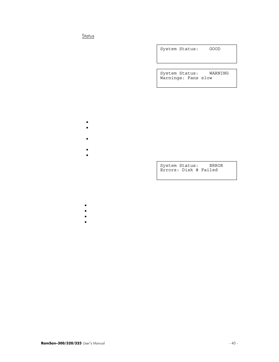 Status | Texas Memory Systems 325 User Manual | Page 44 / 122